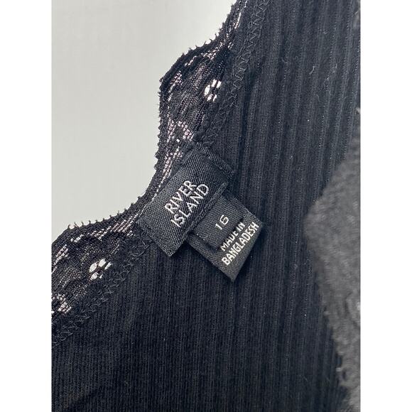 RIVER ISLAND Women's Black Wide-Rib Lace-Trim V-Neck Tank Top SZ 12 - Picture 7 of 11